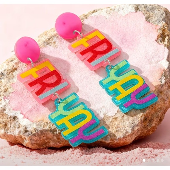 Fri-Yay Drop Earrings Multi-Color Neon Statement Dangles Retro Pop Art - Picture 6 of 8